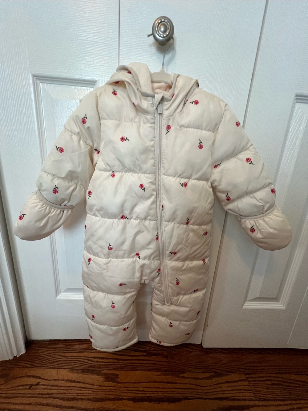 Cream Puffer Baby Snowsuit with Pink Rose Print - Size 12-18 months